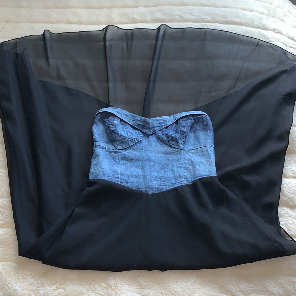 Strapless denim jean Bustier high low sheer chiffon mini dress S